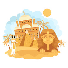 Landscape Of Cairo. Cartoon Illustration Of Sights Of Egypt. Vector Drawing For Travel Agency.