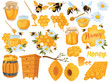 Honey set. Collection of beekeeping. Cartoon apiary set. Illustration of beehive, bees and honeycombs. Vector drawing of honey for children.