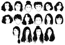 Set Of Hairstyles For Women. Collection Of Black Silhouettes Of Hairstyles For Girls. Fashionable Hairstyles.
