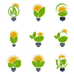 Wall Mural - symbol ecology bulb logos of green with sun and leaves nature element icon on white background.vector illustrator