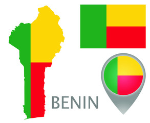 Wall Mural - Colorful flag, map pointer and map of Benin in the colors of the beninese flag. High detail. Vector illustration