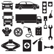 © Евгений Сергеев - Vector illustration of simple monochromatic vehicle and car truck canister the Jack signal engine wrench fire extinguisher first aid kit piston wheel gasoline stoplight. Vector image.