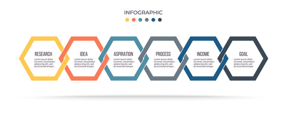 Business process. Infographic with 6 steps, options, hexagons. Vector template.