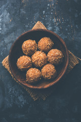 Jaggery coconut Laddoo / Nariyal gur ke laddu, indian sweet food for festivals like rakshabandhan/rakhi pournima