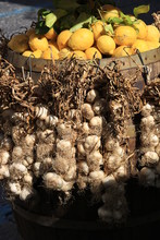 Basket With Garlic And Lemons For Sale In The Island Of Ischia,