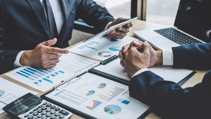 Poster - Two executive discussing company growth project success financial statistics, Partner meeting professional investor working start up project for both company with document, laptop and digital tablet