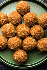 Poster - Jaggery coconut Laddoo / Nariyal gur ke laddu, indian sweet food for festivals like rakshabandhan/rakhi pournima