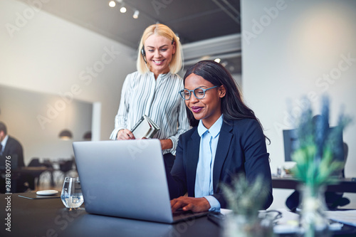 Cuadros en Lienzo Smiling businesswomen looking at something on a laptop at work