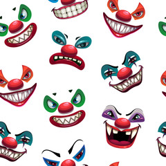 Wall Mural - Seamless pattern with scary clown faces on the white background.