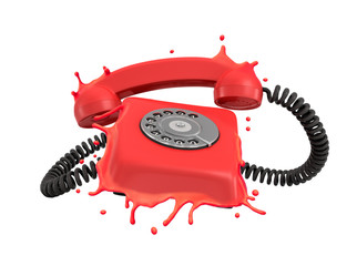 Wall Mural - 3d close-up rendering of red ringing rotary phone, its plastic case melting and splashing around, is