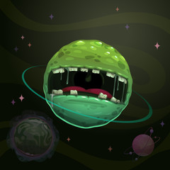 Wall Mural - Zombie world. Cartoon fantasy monster planet with giant scary mouth on cosmic background.