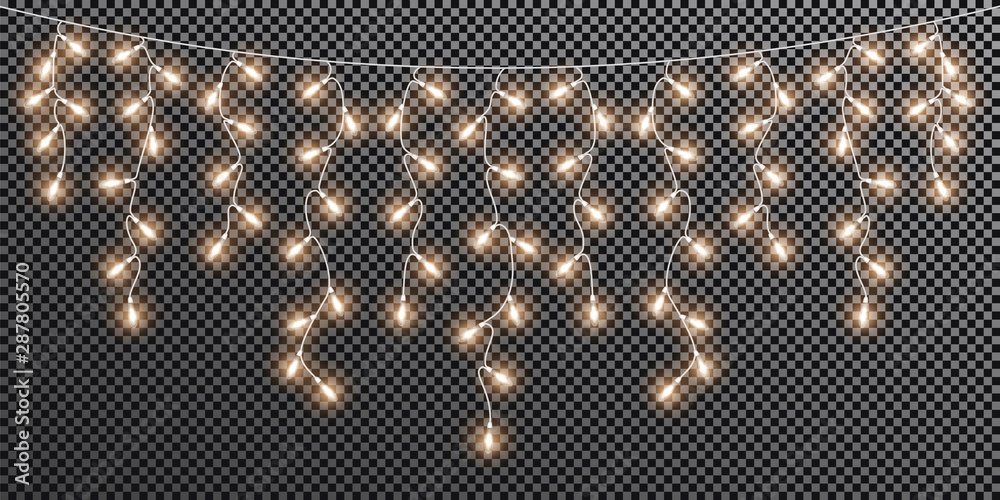 Glowing light bulbs Christmas and New Year. Realistic retro garland isolated on transparent background. Set Xmas decorations for festive design of postcard, banner, poster, website. Vector design - obrazy, fototapety, plakaty 
