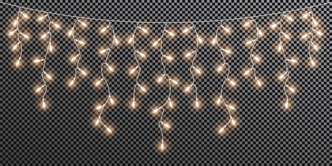 glowing light bulbs christmas and new year. realistic retro garland isolated on transparent backgrou