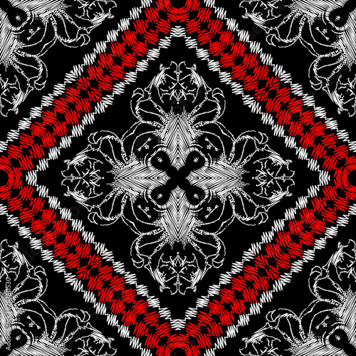 Vintage Embroidery Baroque Vector Seamless Pattern Geometric Tapestry Background Grunge Geometric Repeat Backdrop Textured Floral Ornament With Zigzag Lines Rhombus Frames Embroidered Design Stock Vector Adobe Stock