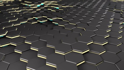 Poster - 3D rendering of a surface consisting of many hexagons. Background image with blurring depth of field, for screensavers on the desktop of your computer, phone or tablet. Abstraction geometry