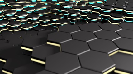 Poster - 3D rendering of a surface consisting of many hexagons. Background image with blurring depth of field, for screensavers on the desktop of your computer, phone or tablet. Abstraction geometry