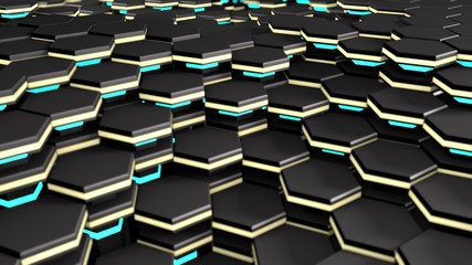 Poster - Abstract 3D surface background of many glowing hexagons. 3D rendering, futuristic design, illustration with background blur. Image for desktop background, screensavers for phones and tablets.