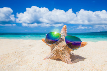 Canvas Print - Starfish with sunglasses on beach