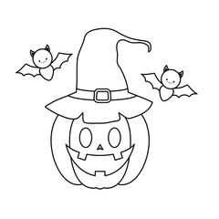 Sticker - halloween pumpkin with witch hat and bats flying