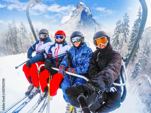 Fotomural amazing beautiful view ski resort in Switzerland with cable chairlift transport