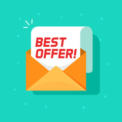 Poster - Best offer email message vector icon, flat cartoon open envelope with sale promotion text symbol isolated image