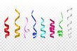 Colorful serpentine and confetti on transparent background. Shiny ribbons set for holiday design