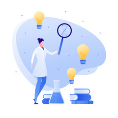Wall Mural - vector flat medical science character illustration. woman scientist with lab tube, magnifier, and bo
