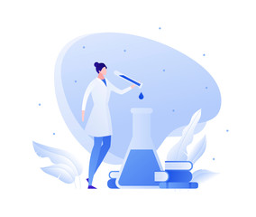 Wall Mural - vector flat medical science character illustration. woman scientist with lab tube and books. concept