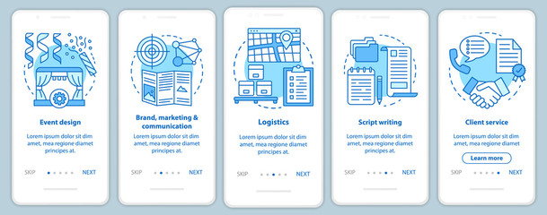 Event management, planning onboarding mobile app page screen with linear concepts. Brand, marketing and communication, client service. Walkthrough graphic instructions. UX, UI, GUI vector template