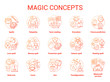 Magic concept icons set. Occultism, sorcery and witchcraft idea thin line illustrations. Various spells and alchemy potions. Fortune telling and tarot reading service. Vector isolated outline drawings