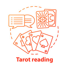 Sticker - Tarot reading concept icon. Fortune telling, divination and cartomancy idea thin line illustration. Future prediction service. Speech bubbles and clairvoyant cards vector isolated outline drawing