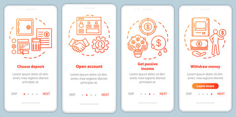 Bank deposit operations onboarding mobile app page screen vector template. Banking service. Walkthrough website steps with linear illustrations. UX, UI, GUI smartphone interface concept