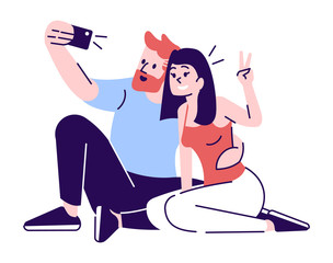 Canvas Print - Couple selfie flat vector illustration. Young man and woman taking self portrait on phone using mobile phone camera. Friends meeting capturing isolated cartoon character on white background