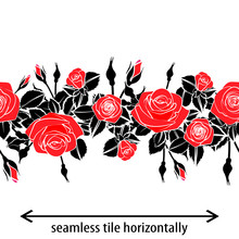 Flat Red Black Roses Flower Silhouette Horizontal Pattern Lace Ribbon Border , Repeatable Seamless Tile