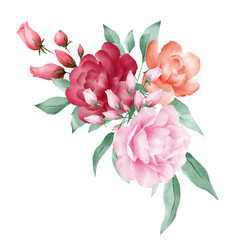 Romantic watercolor flowers arrangements decorative. Floral illustration of red roses, peonies, leaf, bud, and branches. Wedding invitation or greeting cards border composition