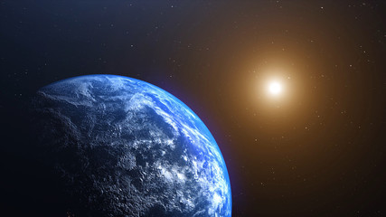 Wall Mural - World and sun realistic 3D rendering. Shiny sunlight over Planet Earth, cosmos, atmosphere. Shot from Space satellite