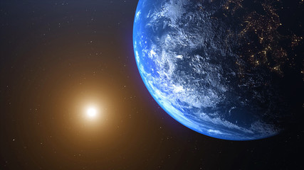 Wall Mural - World and sun realistic 3D rendering. Shiny sunlight over Planet Earth, cosmos, atmosphere. Shot from Space satellite