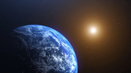 Wall Mural - World and sun realistic 3D rendering. Shiny sunlight over Planet Earth, cosmos, atmosphere. Shot from Space satellite