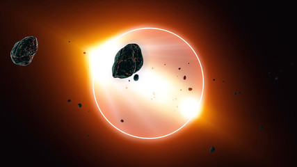 Wall Mural - Beautiful Eclipse with meteorite shower. Realistic 3D rendering, High quality  Eclipse planet, galactic, cosmos.	