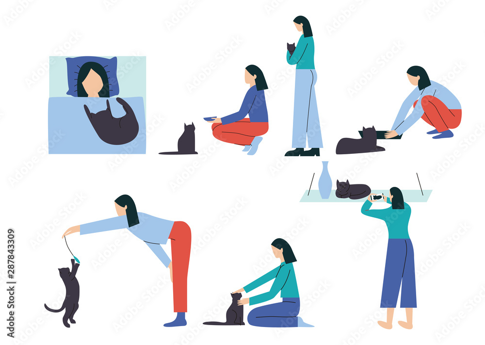 Woman performing different activities with her cat - sleeping, feeding, hugging, cleaning litter box, playing, petting, taking a picture. Spending time with cat collection, Flat vector illustration - obrazy, fototapety, plakaty 