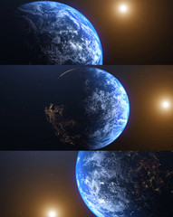 Wall Mural - mix of 3d rendering the planet earth, world with sun. realistic hiqh quality 3 vertical illustration