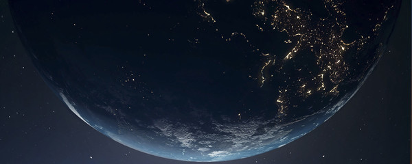 Wall Mural - world and sun realistic 3d rendering. shiny sunlight over planet earth, cosmos, atmosphere. shot fro