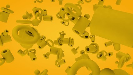 Poster - 3D animation of a set of yellow geometric shapes that interact in space on a yellow background. Pipes, rings and spheres.