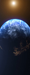 Wall Mural - world on space, rising sun over planet earth. vertical banner resolution. realistic planet earth 3d 
