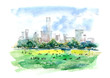 Sheep meadow and skyscrapers.Central park in summer.City landscape. Manhattan.Watercolor hand drawn illustration.