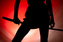 Silhouette, Girl In Dress With Samurai Sword, Red Glow Background 