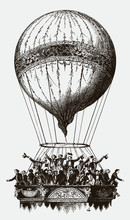 Crowd Of Passengers Waving From Basket Of Historical Balloon, After Lithography From 19th Century