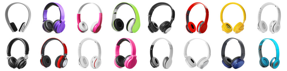 Set of different modern headphones on white background. Banner design