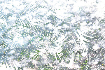 Creative Christmas composition made of green fir tree branches with snowflakes on white snow background.