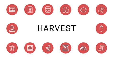 Poster - Set of harvest icons such as Cherry, Corn, Pumpkin, Blackcurrant, Farmer, Smart greenhouse, Producer, Seeder, Tractor, Flour , harvest